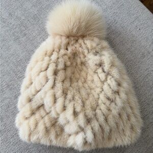 Pologeorgis Cream Knit Mink Fox Fur Pom Hat Ivory